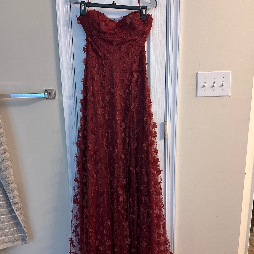 Maroon Floral Strapless Gown